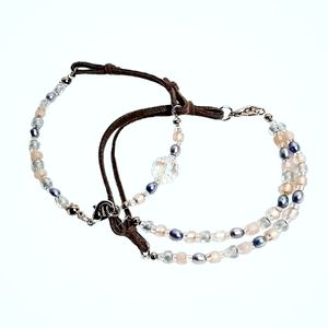 2pc Crystal and Lavander Freshwater Pearl Suede Leather Bracelets - Hand Crafted